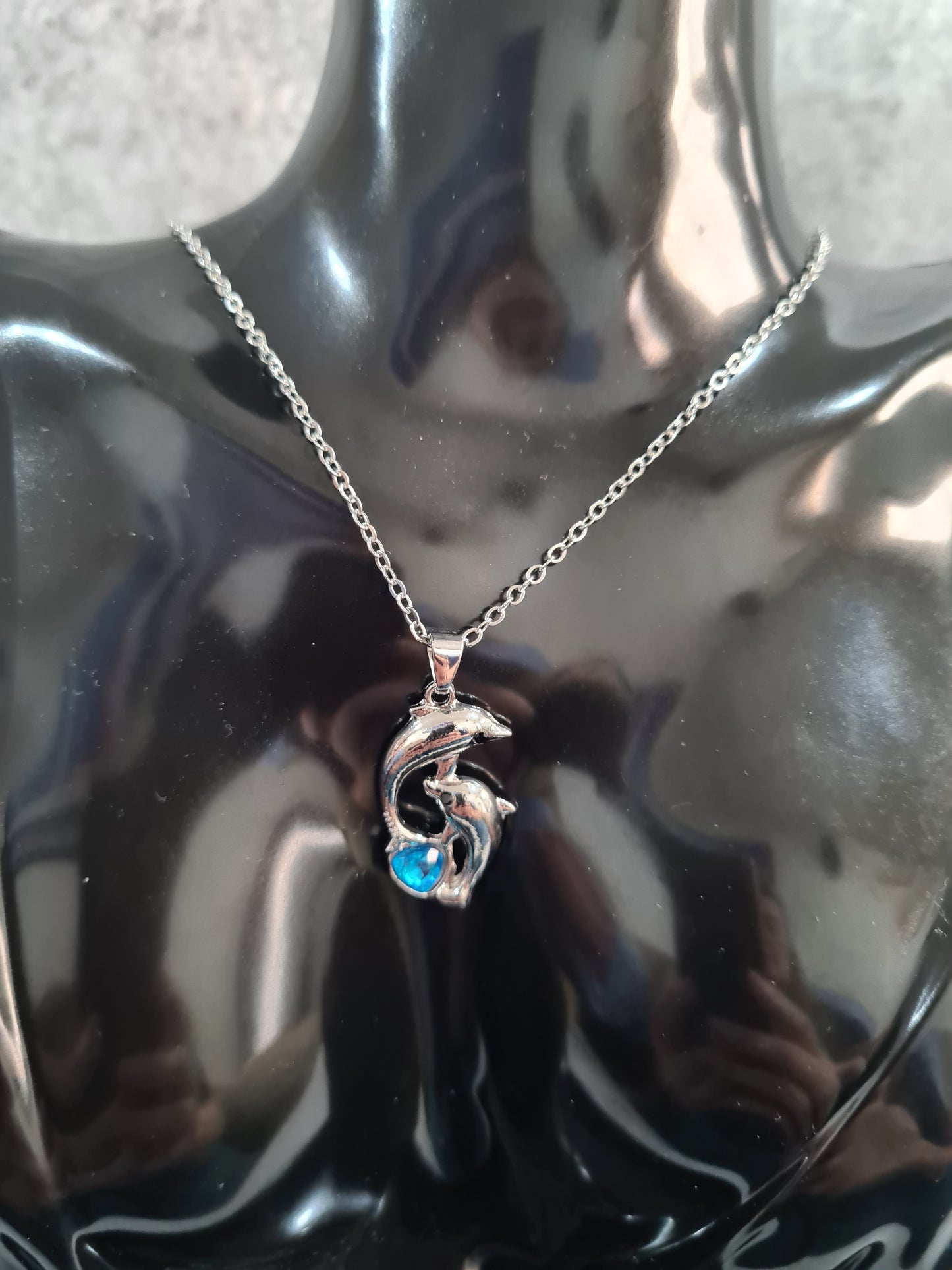 Dolphin Pendant Necklace (Blue/Clear Rhinestone)