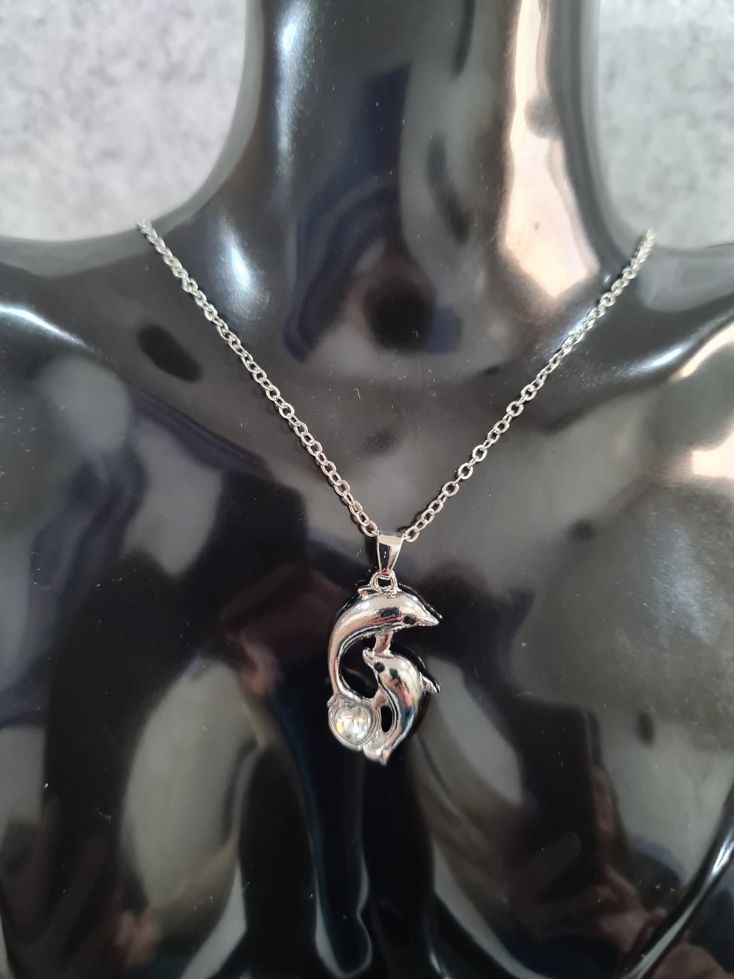 Dolphin Pendant Necklace (Blue/Clear Rhinestone)