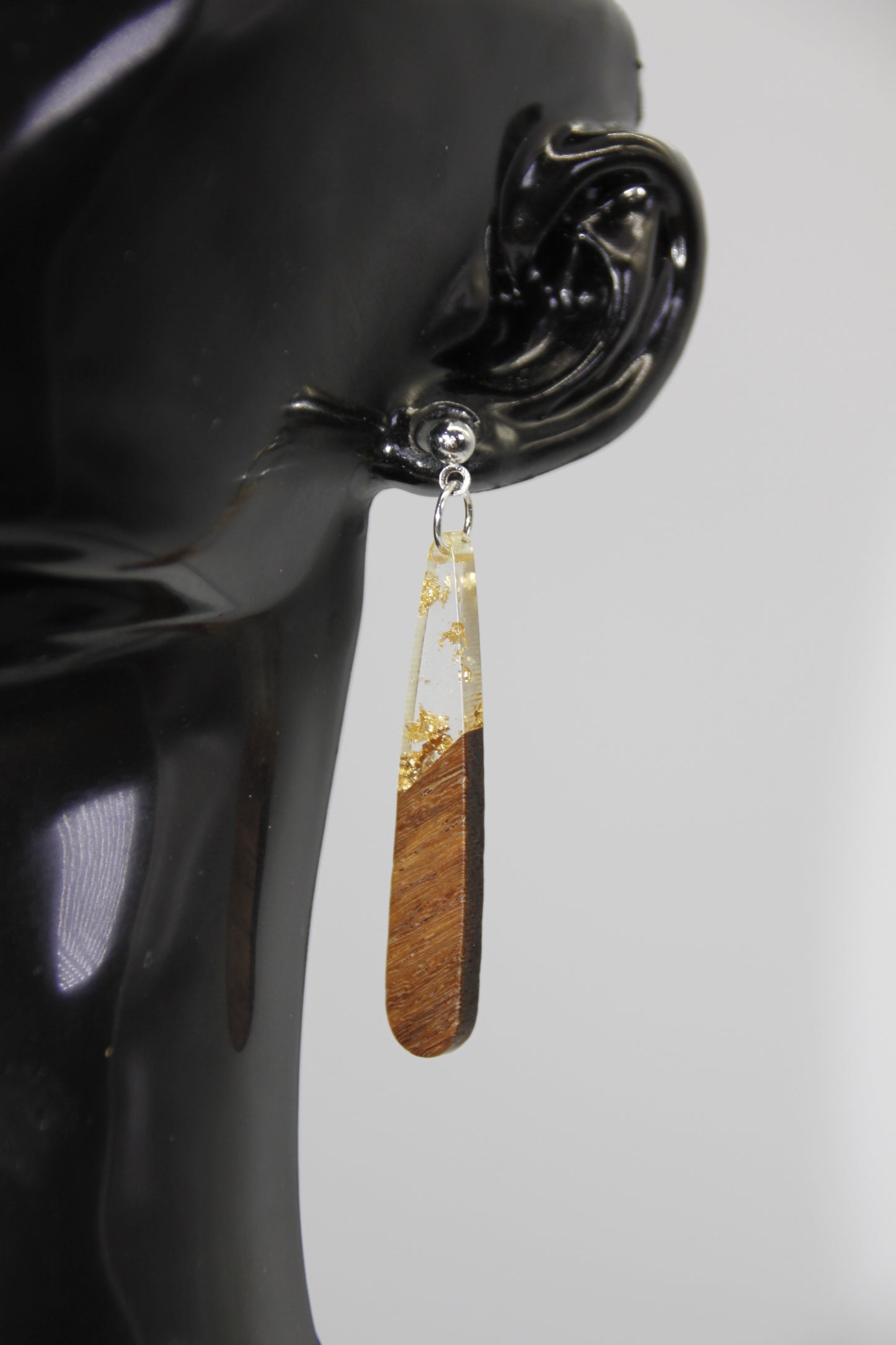 Teardrop Earring, Resin/Wood, Gold & Silver Stud