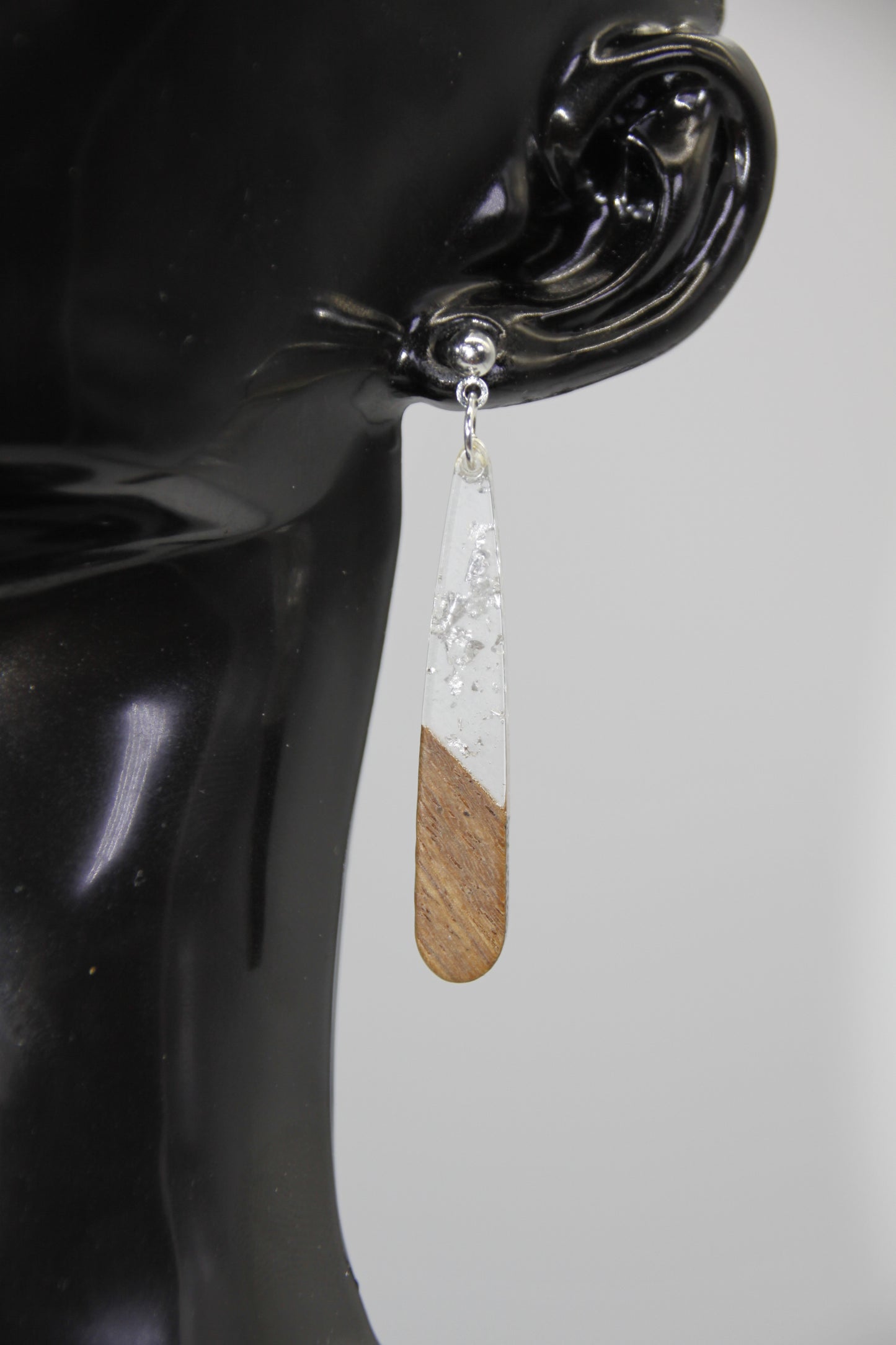 Teardrop Earring, Resin/Wood, Gold & Silver Stud