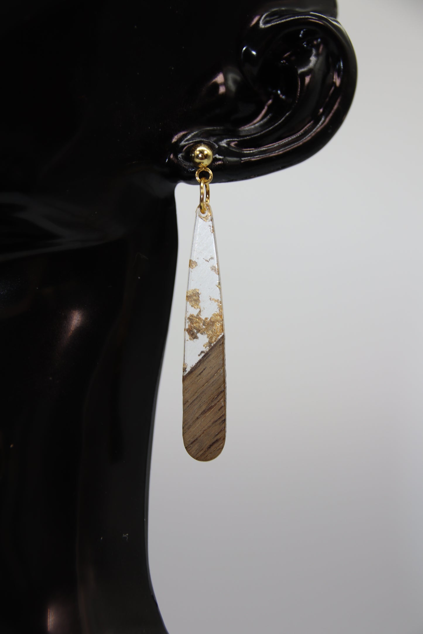 Teardrop Earring, Resin/Wood, Gold & Silver Stud