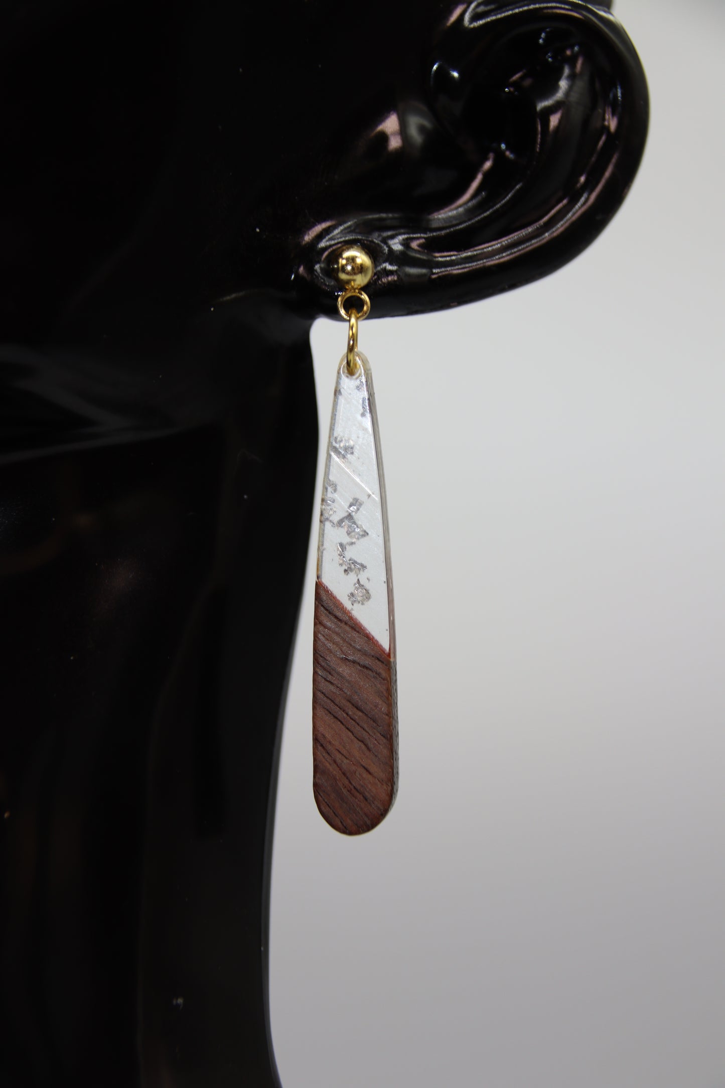 Teardrop Earring, Resin/Wood, Gold & Silver Stud