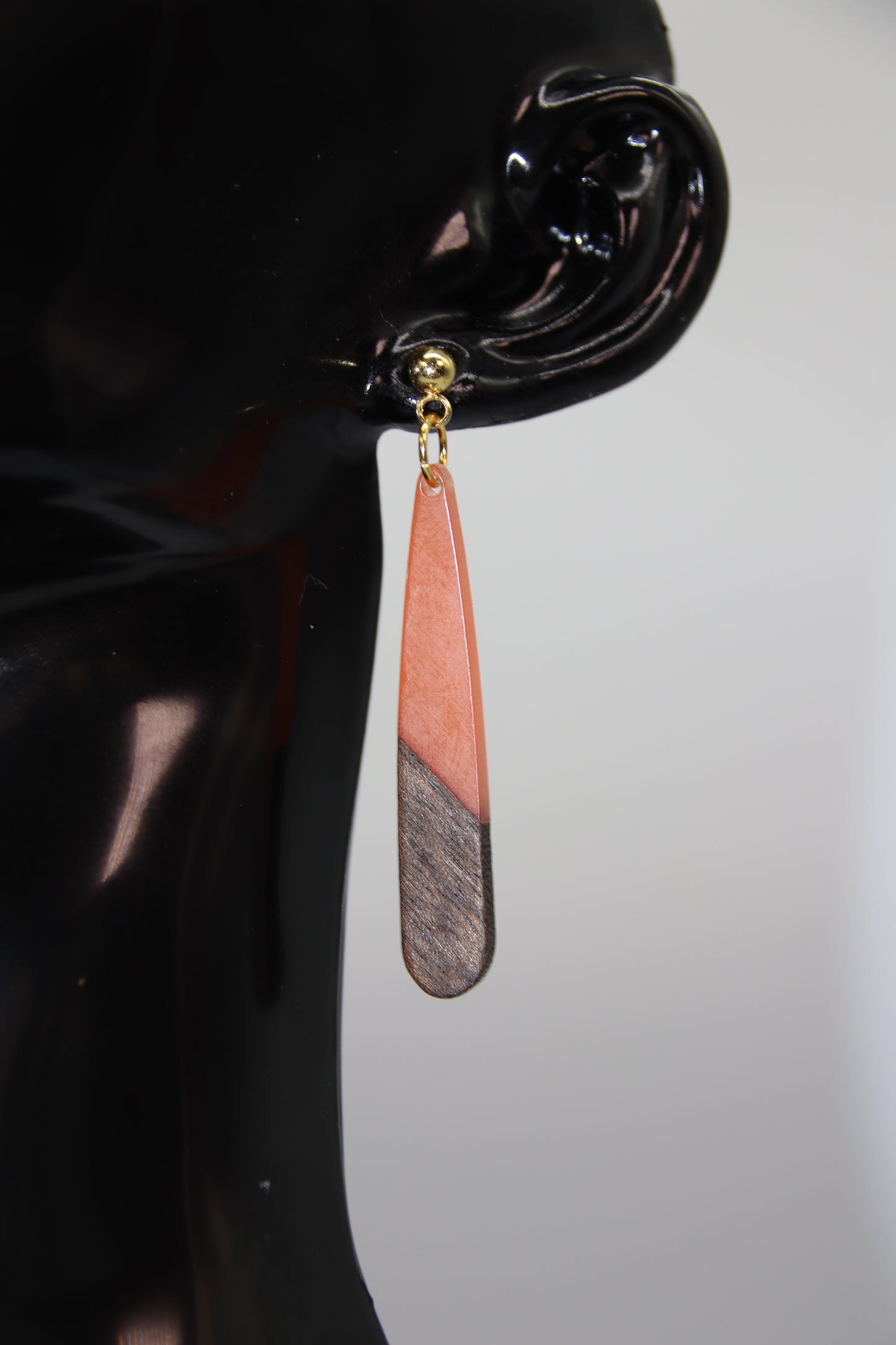 Teardrop Earring, Resin/Wood, Gold & Silver Stud