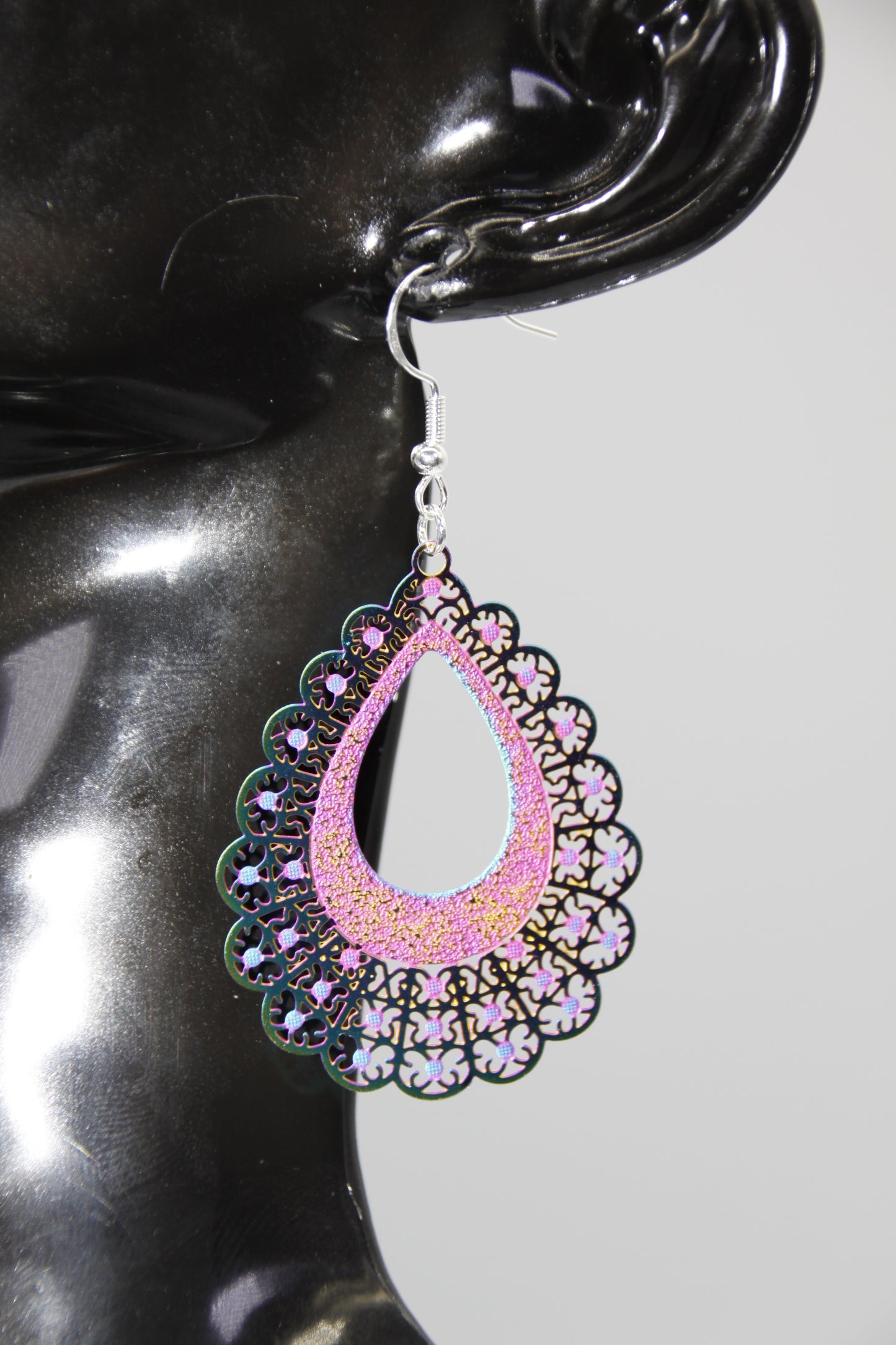 Stainless Steel Filigree Pendant, Rainbow Colour, Silver Shep Hook Earrings