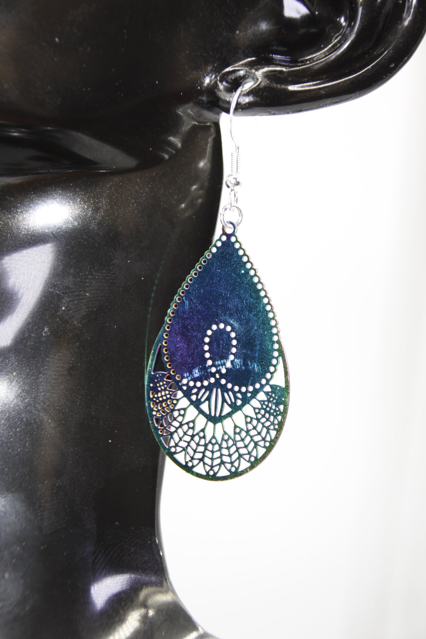 Stainless Steel Filigree Pendant, Rainbow Colour, Silver Shep Hook Earrings
