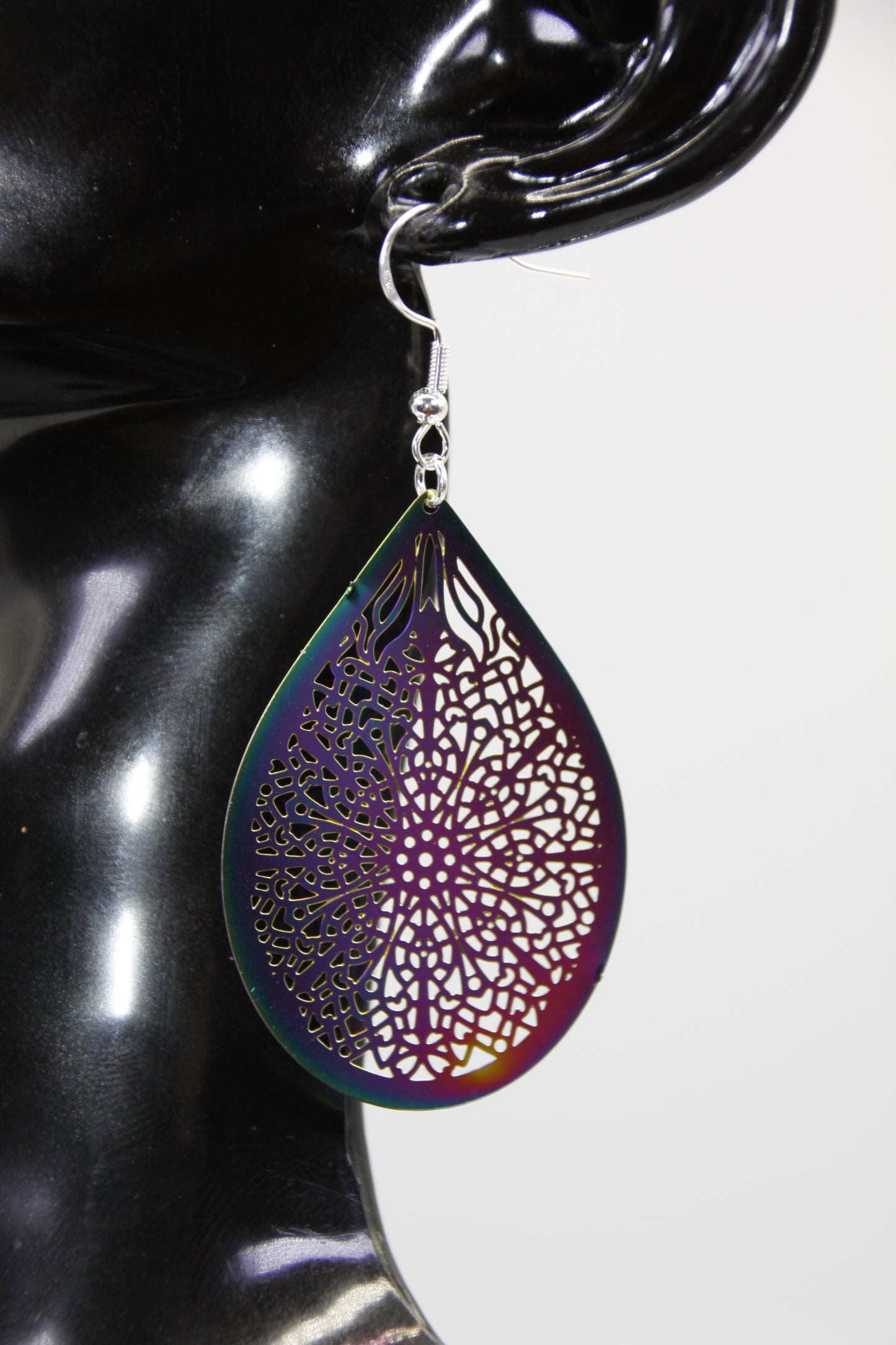 Stainless Steel Filigree Pendant, Rainbow Colour, Silver Shep Hook Earrings