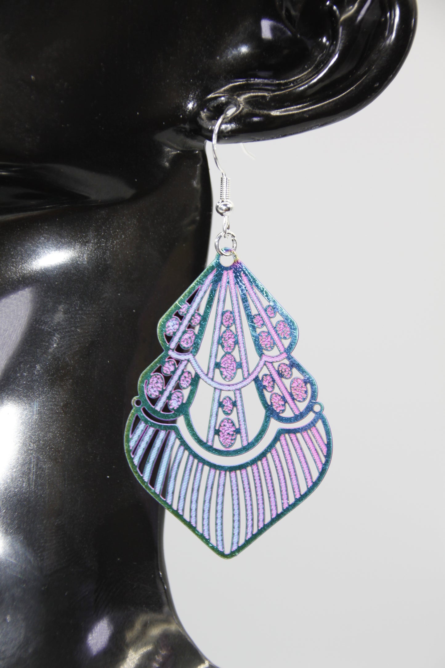 Stainless Steel Filigree Pendant, Rainbow Colour, Silver Shep Hook Earrings