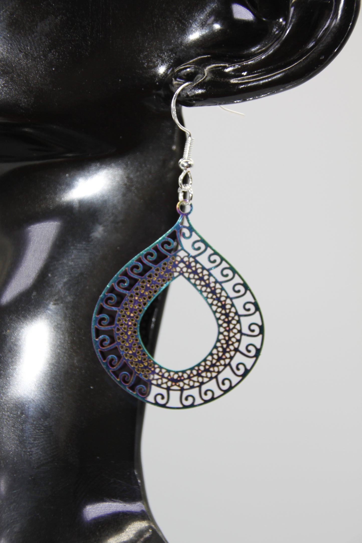 Stainless Steel Filigree Pendant, Rainbow Colour, Silver Shep Hook Earrings
