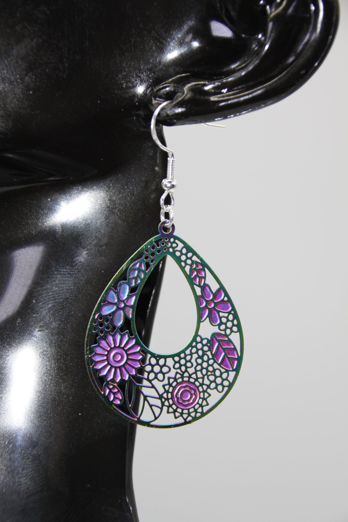 Stainless Steel Filigree Pendant, Rainbow Colour, Silver Shep Hook Earrings