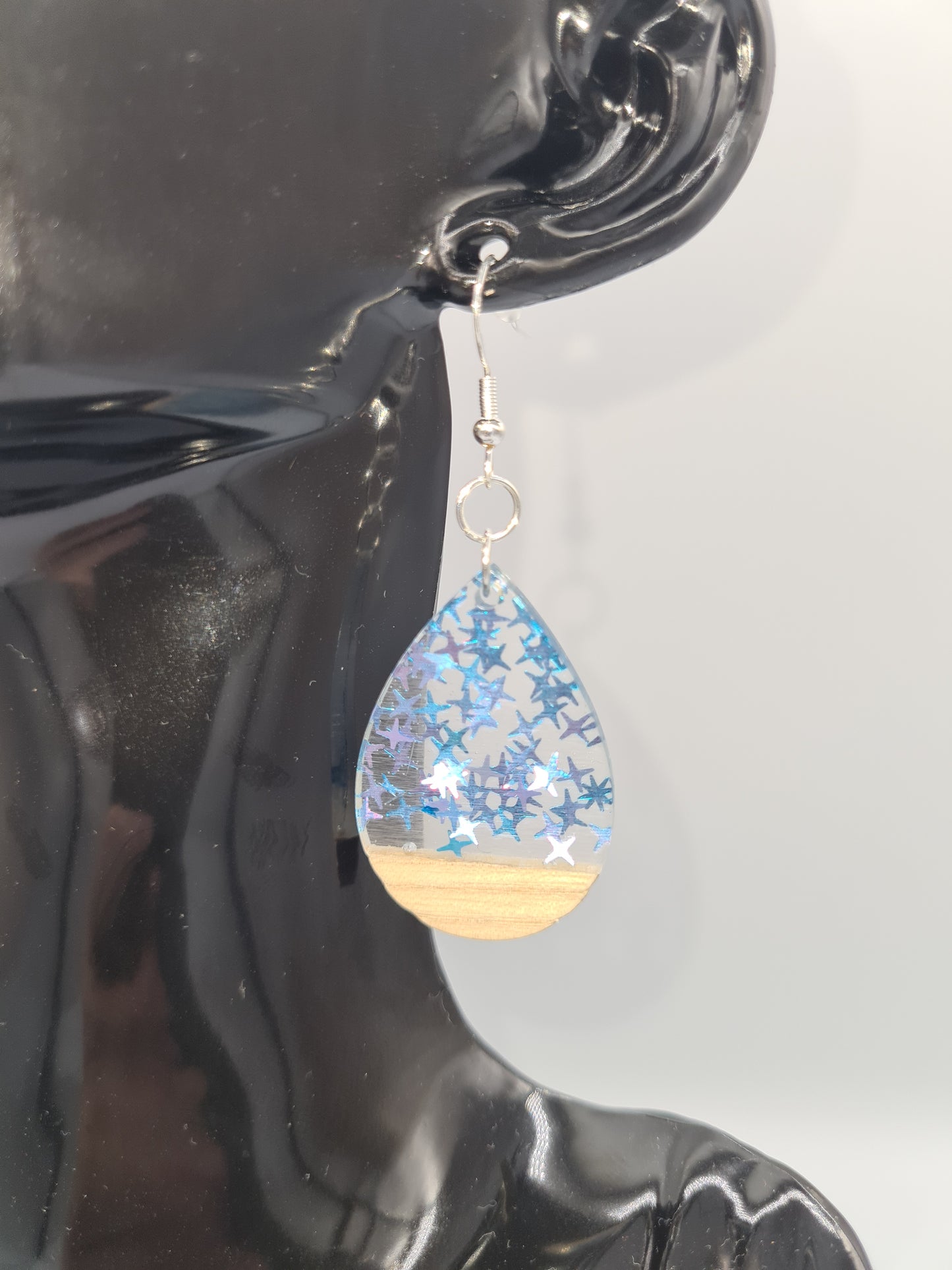Teardrop Earring, Wood/Resin/Foil (Gold/Silver)