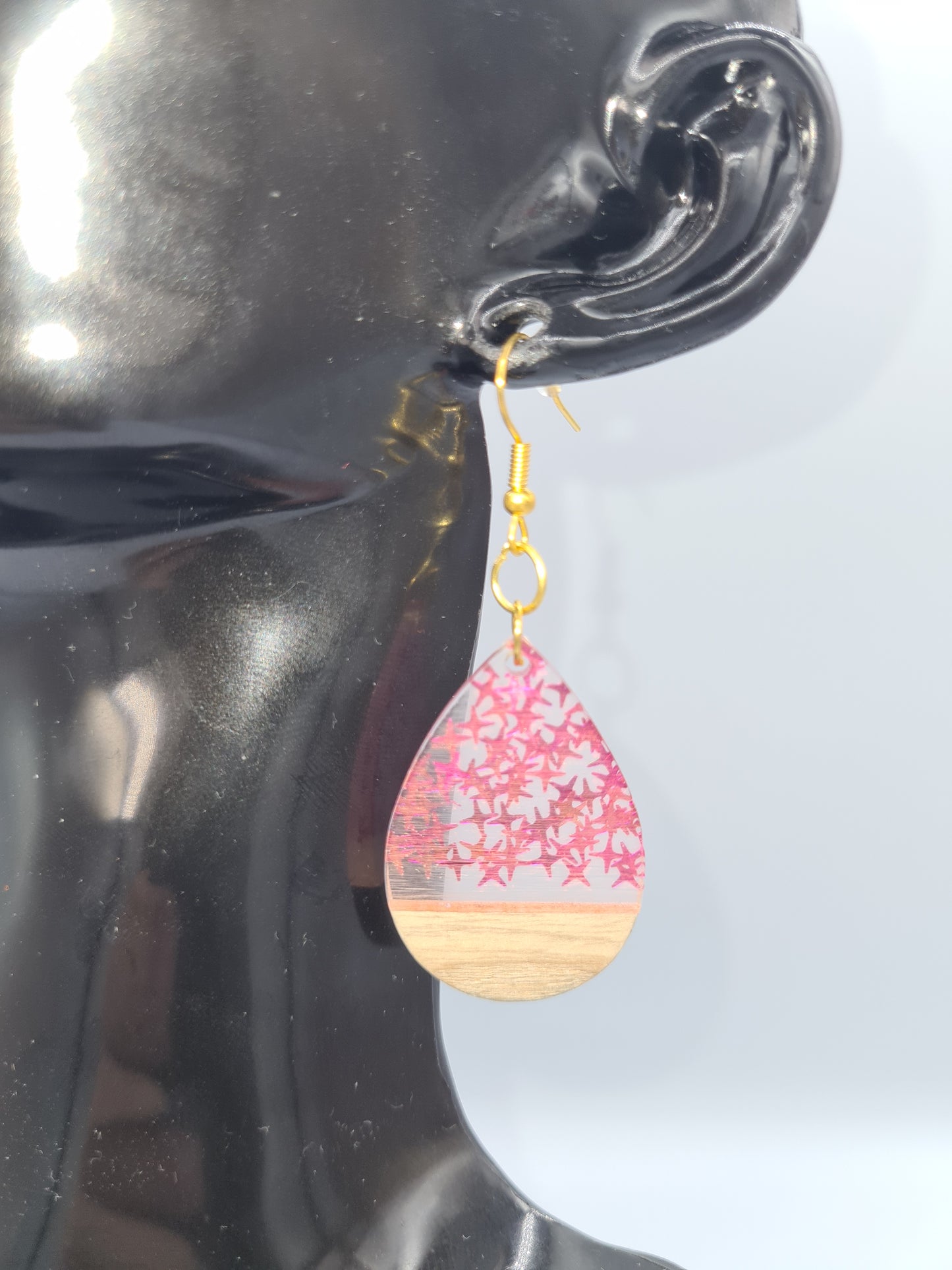 Teardrop Earring, Wood/Resin/Foil (Gold/Silver)