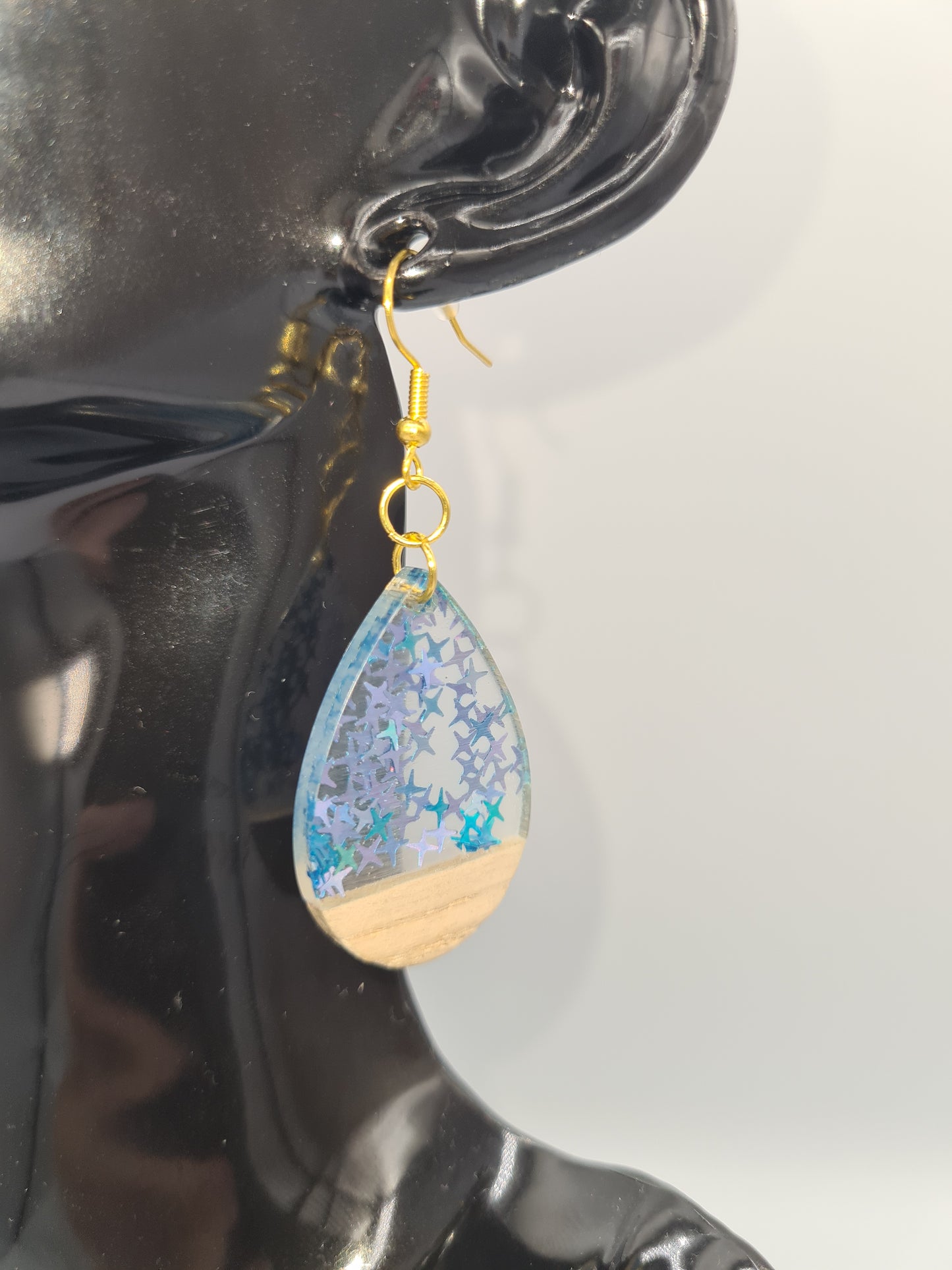 Teardrop Earring, Wood/Resin/Foil (Gold/Silver)