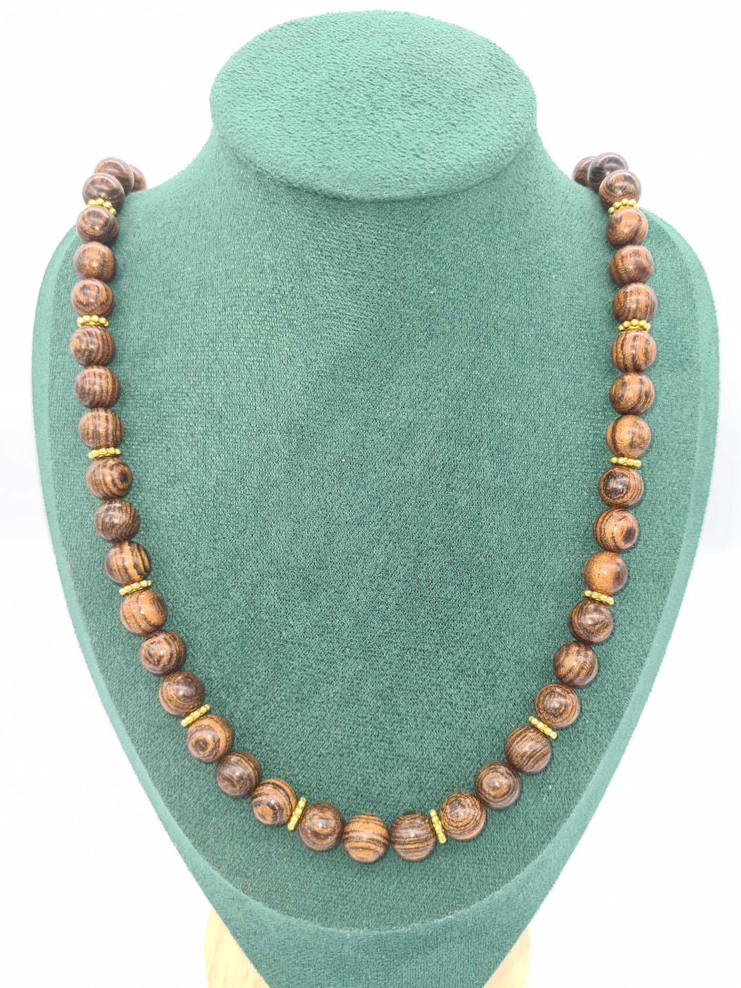 Natural Tiger Skin Sandalwood and Gold Spacer Necklace, Gold