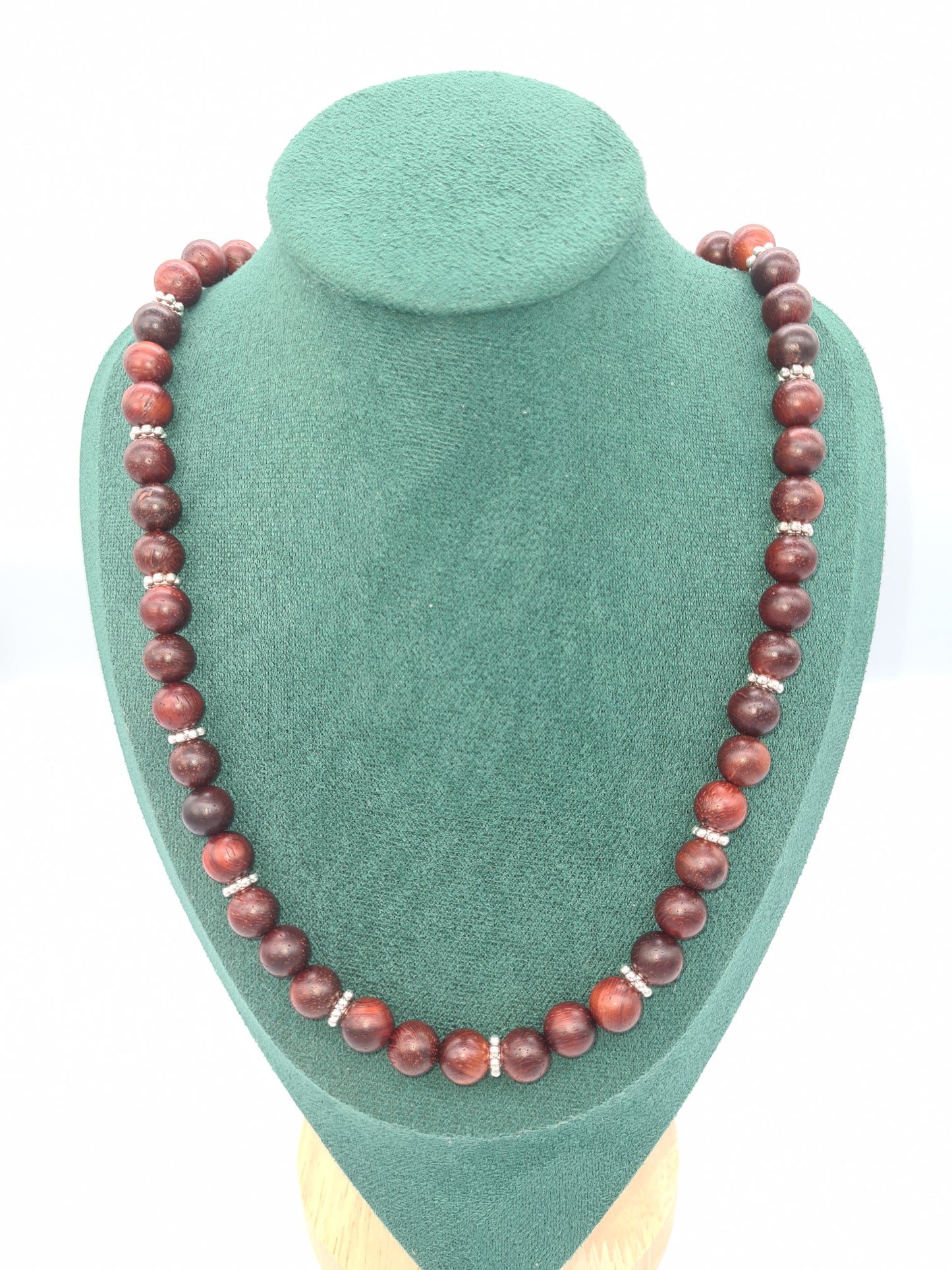 Natural Rosewood Dark Red and Silver Spacer Necklace, Gold
