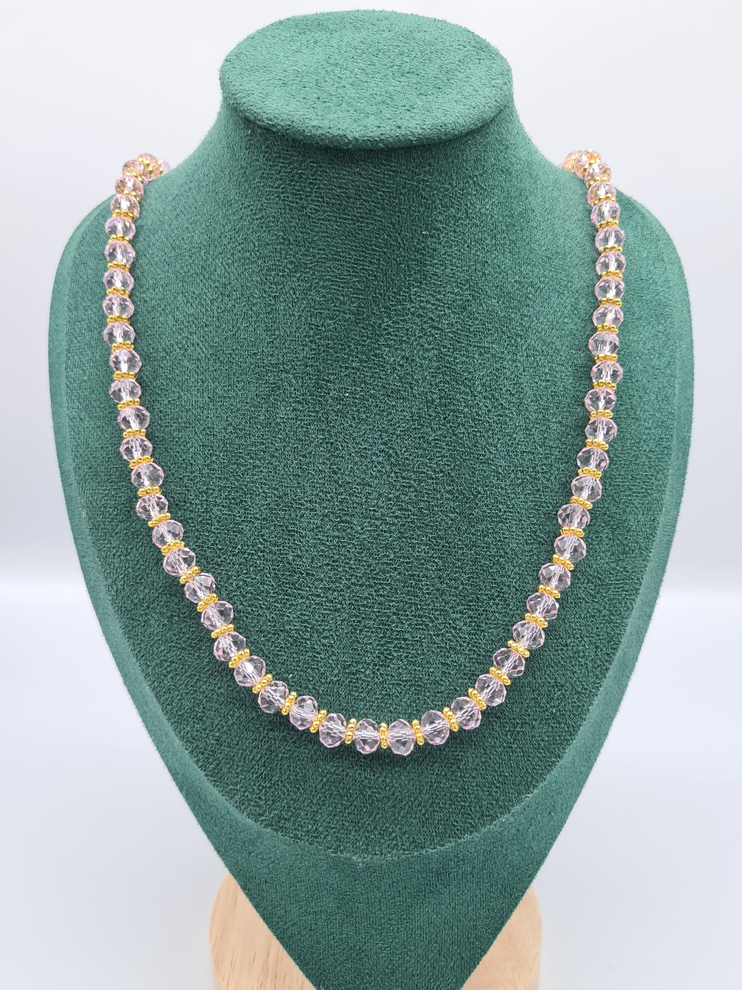 Transparent Pink Crystal, Faceted, Rondelle, Lt Pink Clear, Gold, 70cm
