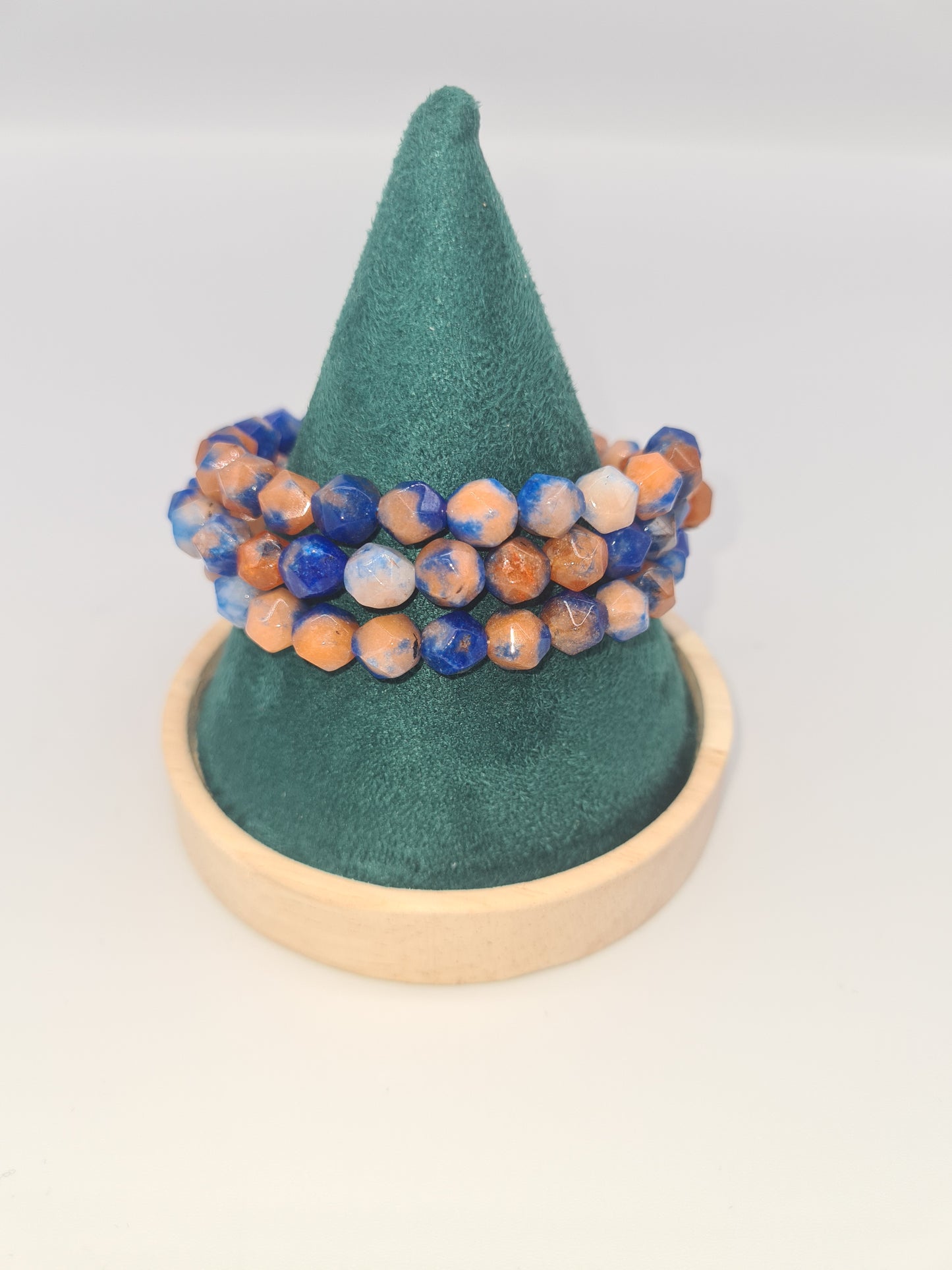 White Jade Faceted Star Cut, Medium Blue Memory Bracelet, Multi-strand