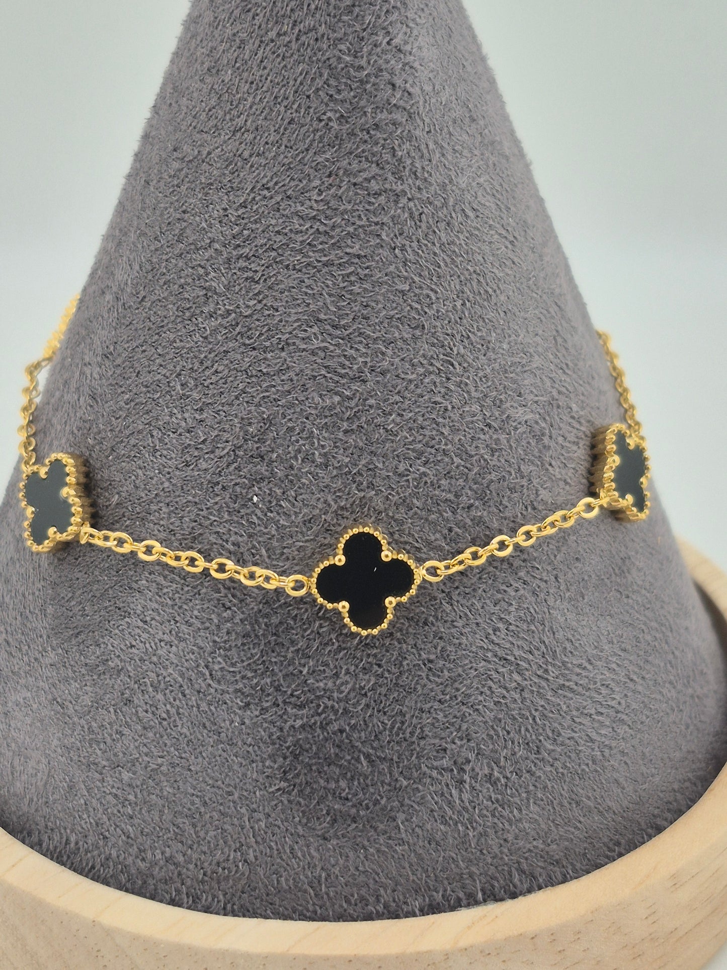 Bracelet, Clover, Onyx, Stirling Silver (Gold and Silver), 3 Sizes