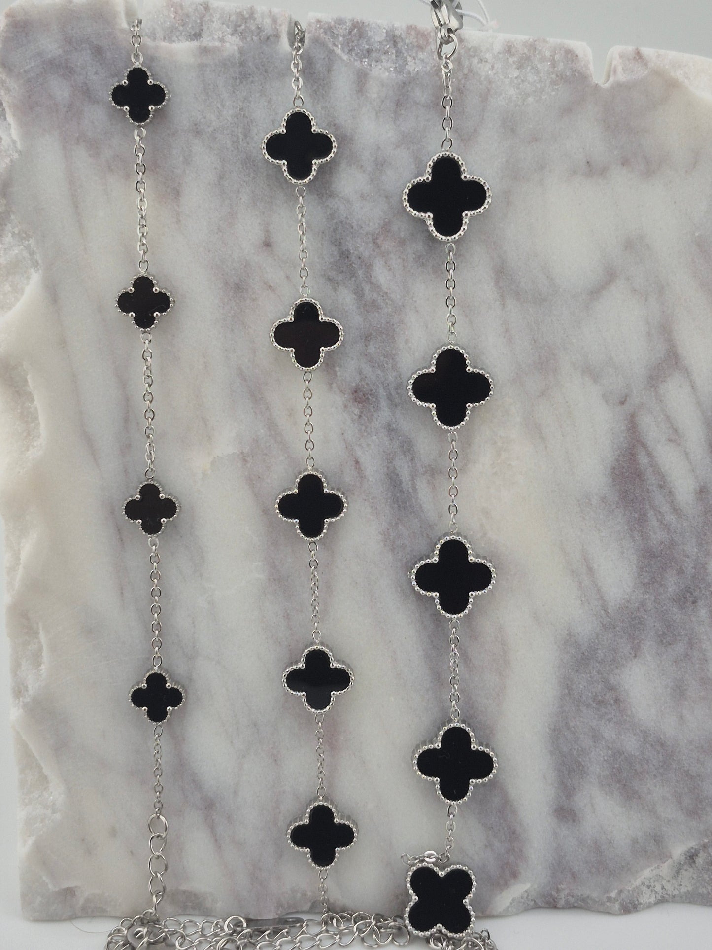 Bracelet, Clover, Onyx, Stirling Silver (Gold and Silver), 3 Sizes