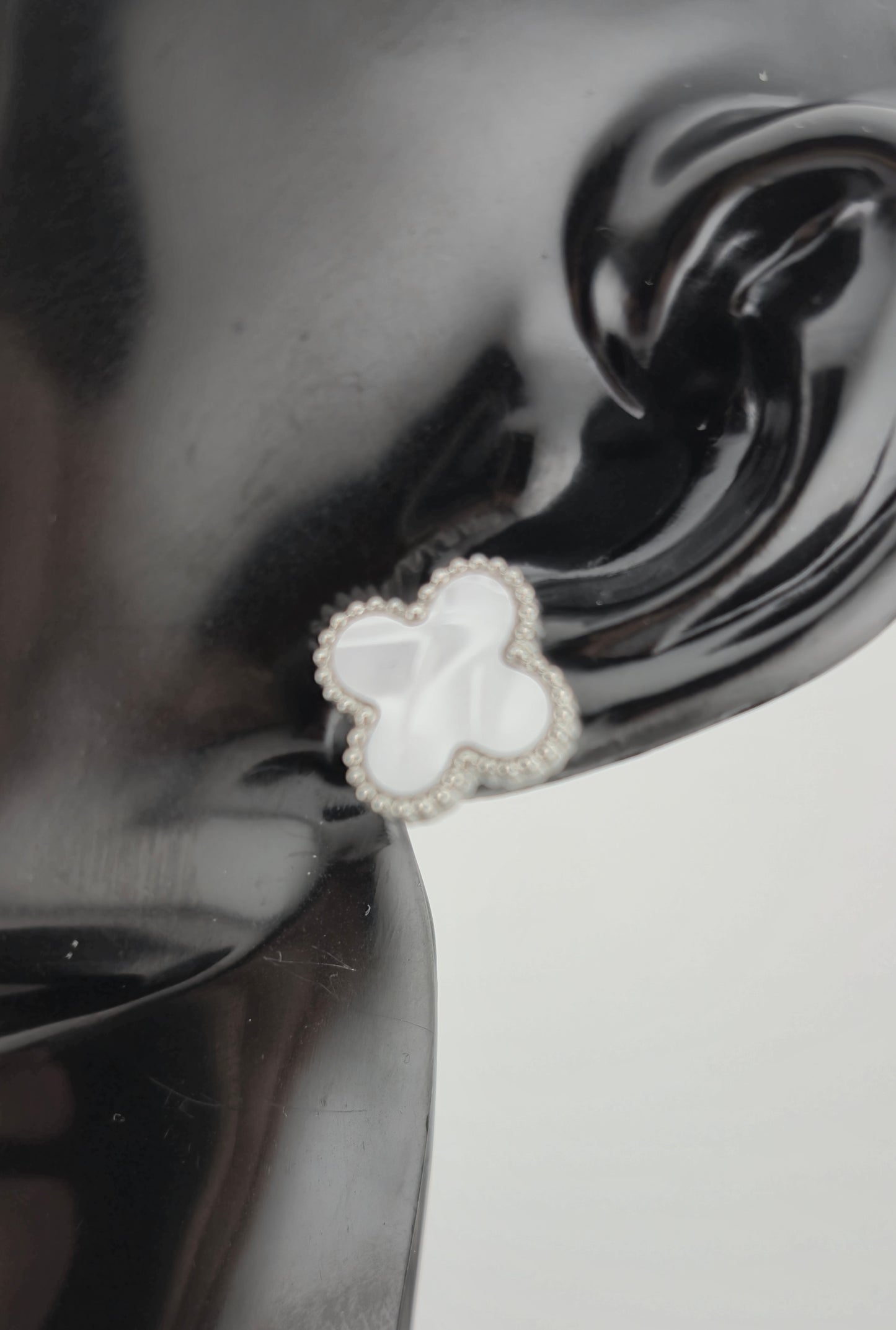 Earrings, Stud, Clover Design, Onyx and Mother of Pearl (Gold/Silver) (Small/Large)