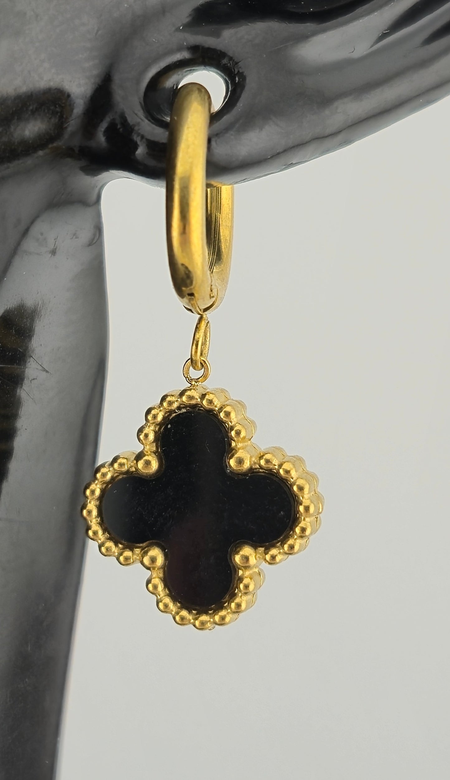 Earrings, Hoop, Clover Design, Onyx and Mother of Pearl (Gold/Silver) (Small/Large)