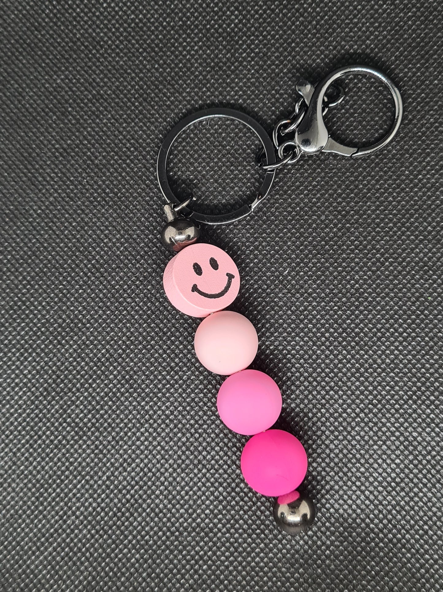 Smiley Face Key Chain, Black/Silver with Tassel
