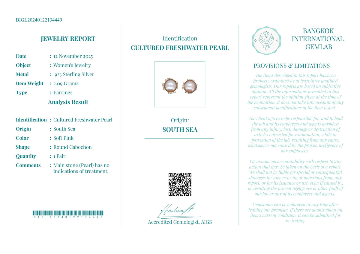 Earrings, South Sea Pearl on 925 Sterling Silver - Limited Edition