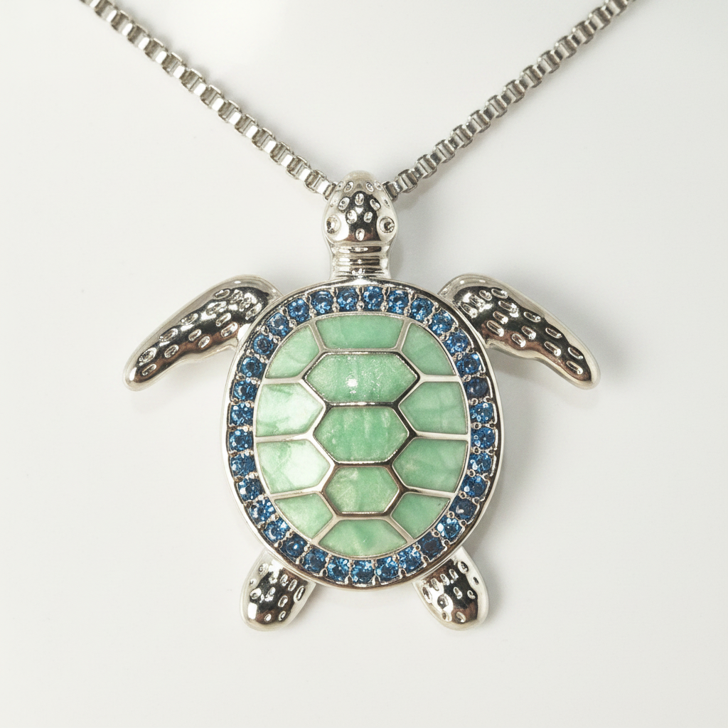 Green turtle necklace close-up - white porcelain bust background