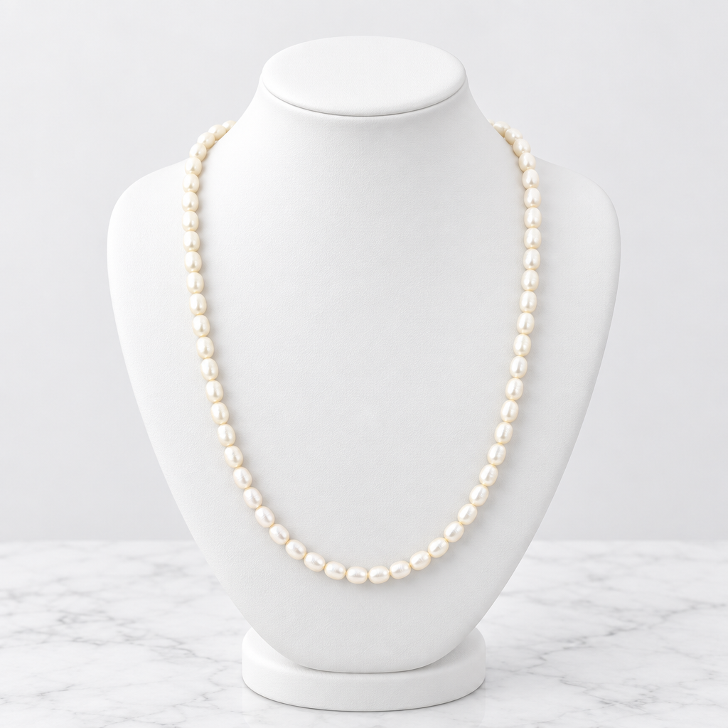 LDJ-0982 round creamy-white freshwater pearl necklace on a white porcelain bust and marble background
