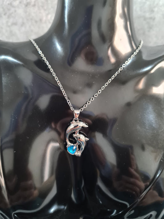 Dolphin Pendant Necklace (Blue/Clear Rhinestone)