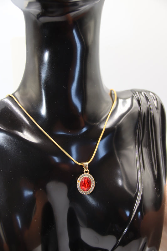 Alloy Oval Pendant, Crystal Rhinestone, Red Necklace (55cm)