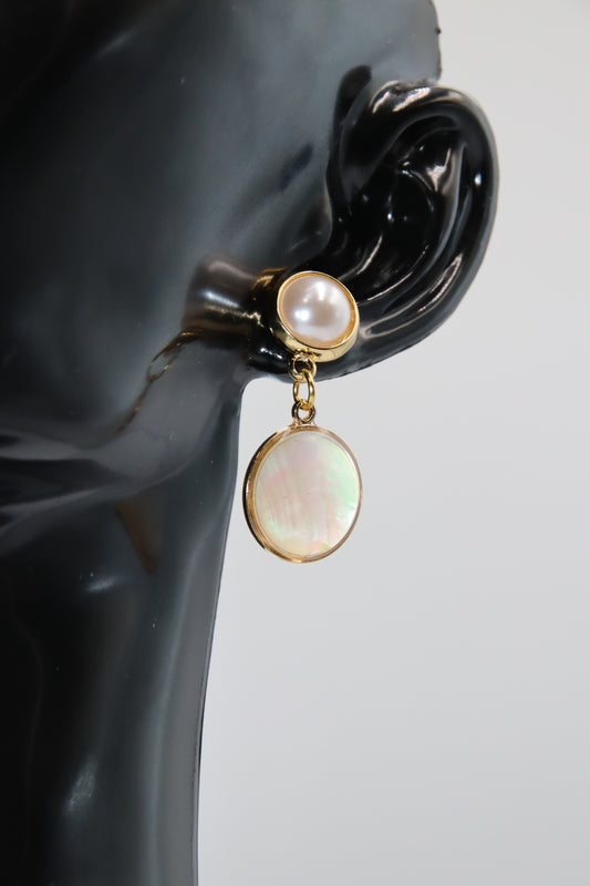 Earring, Faux Pearl w Loop & heart star shell round pendant