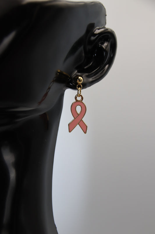 Breast Cancer, Pink Ribbon, Gold Stud Earrings