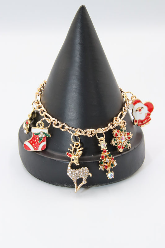 Bracelet, Christmas, Santa/Reindeer and Tree Pendants, Golden