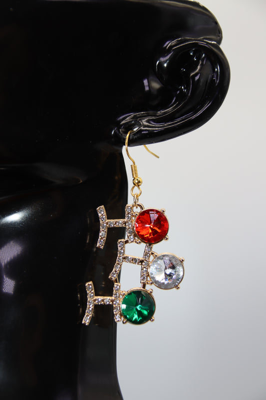 Christmas, Ho Ho Ho Rhinestone, Gold Shep Hook Earrings