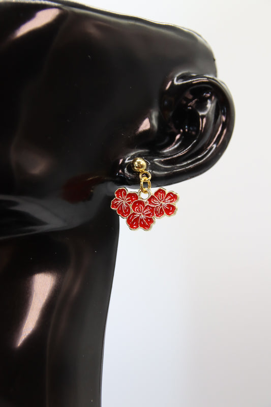 Hibiscus Red Flower, Gold Stud, Earrings