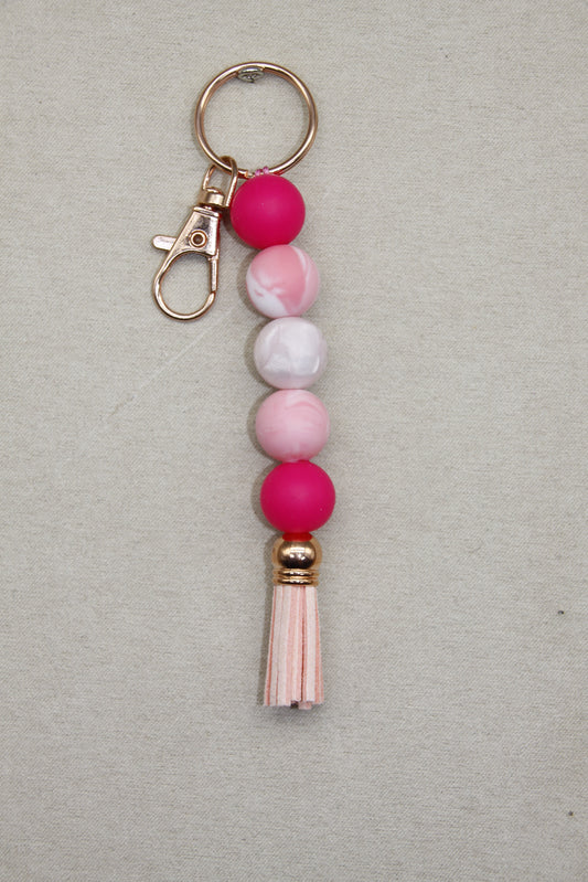 Silicone Coloured Bead Lanyard Keychains with Leather Tassel (Gold/Silver/Rose Gold)
