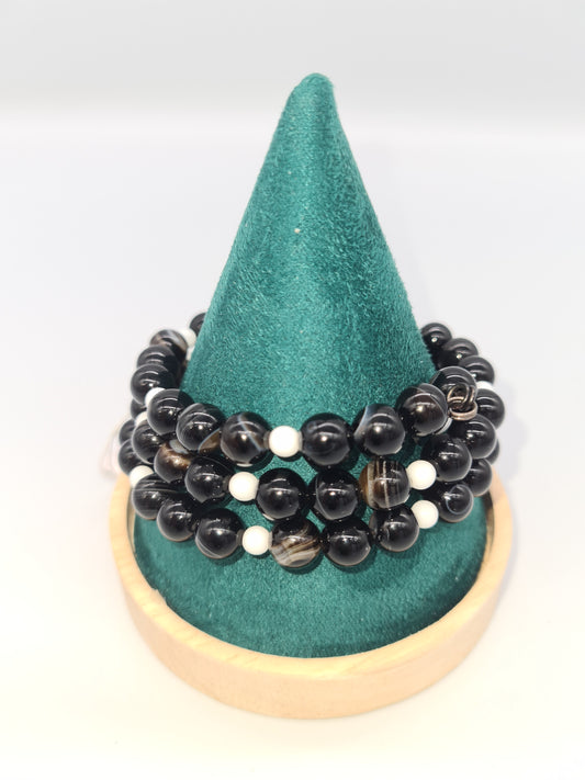 Natural Black Agate and White Onyx, Memory Bracelet - Multi-strand