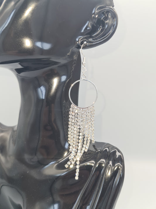 Rhinestone, Hoop Dangle, Silver Shep Hook Earrings