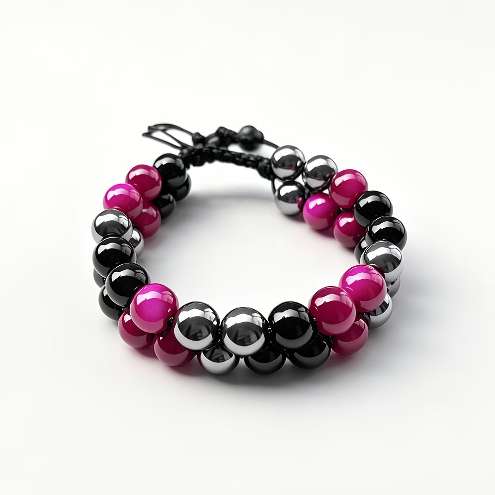 Double Row Tiger Eye Bracelet, Black/Pink/Silver, 19cm