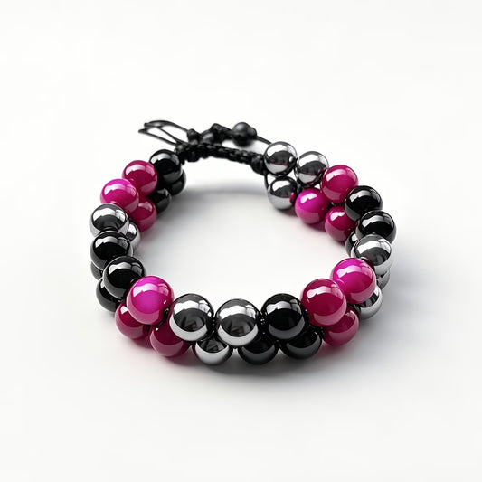 Double Row Tiger Eye Bracelet, Black/Pink/Silver, 19cm