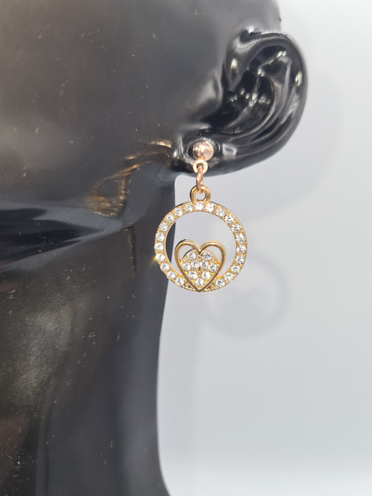 Ring and Heart Rhinestone, Rose Gold Stud, Earrings