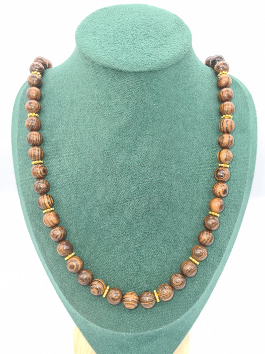 Natural Tiger Skin Sandalwood and Gold Spacer Necklace, Gold