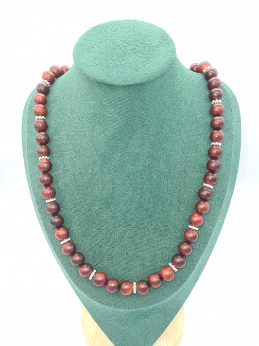 Natural Rosewood Dark Red and Silver Spacer Necklace, Gold