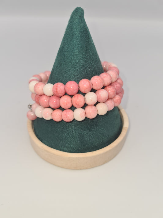 Opaque Crackle Glass, Flamingo, Memory Bracelet, Multi-strand