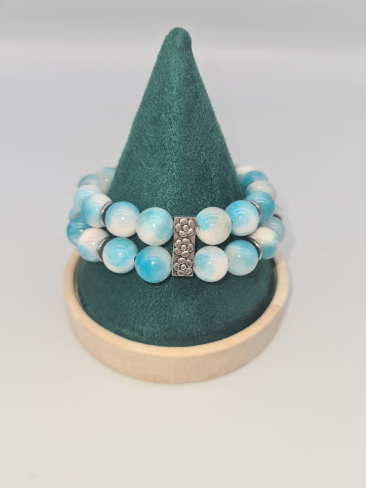 White Persian Stone Double Bracelet, Blue, Silver