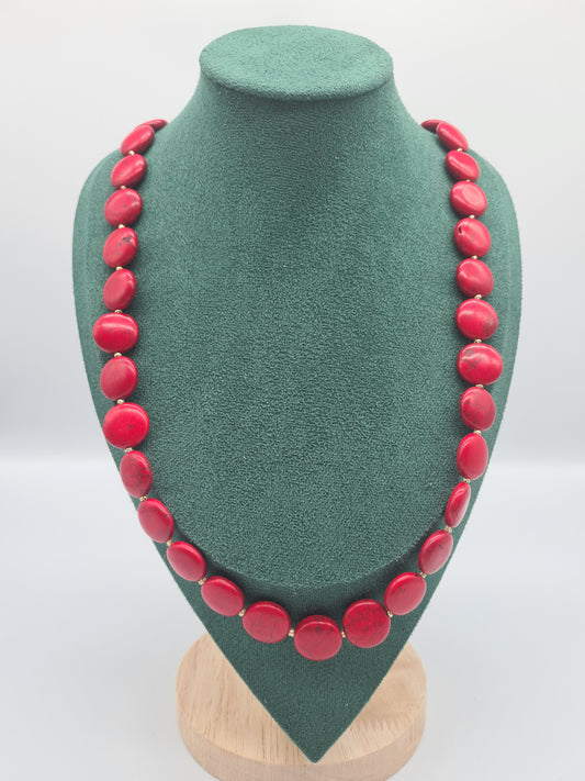 Red Howlite Necklace, Flat Round, 15mm, Gold, 60cm and 70cm