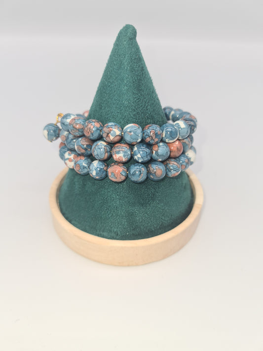 Ink Pattern, Blue/Brown/White Memory Bracelet, Multi-strand