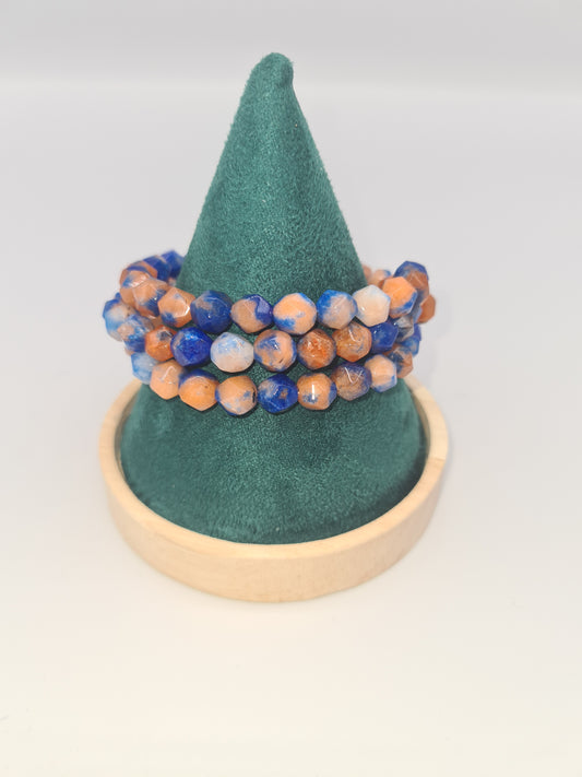 White Jade Faceted Star Cut, Medium Blue Memory Bracelet, Multi-strand