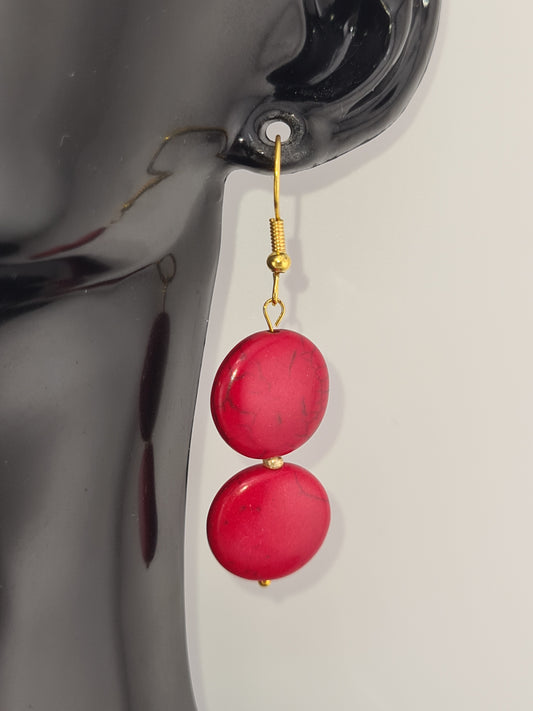 Red Howlite, Flat Round Earrings