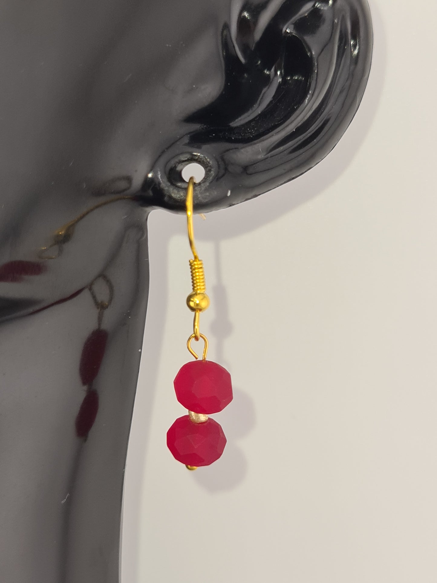 Frosted Transparent Glass, Rondell, Red, Gold Shepherd Earrings
